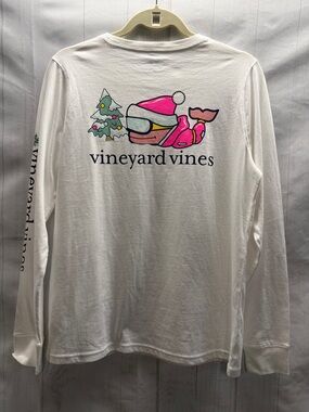 Vineyard Vines NWT White Skiis and Trees Whale Long Sleeve Pocket Tee T-Shirt